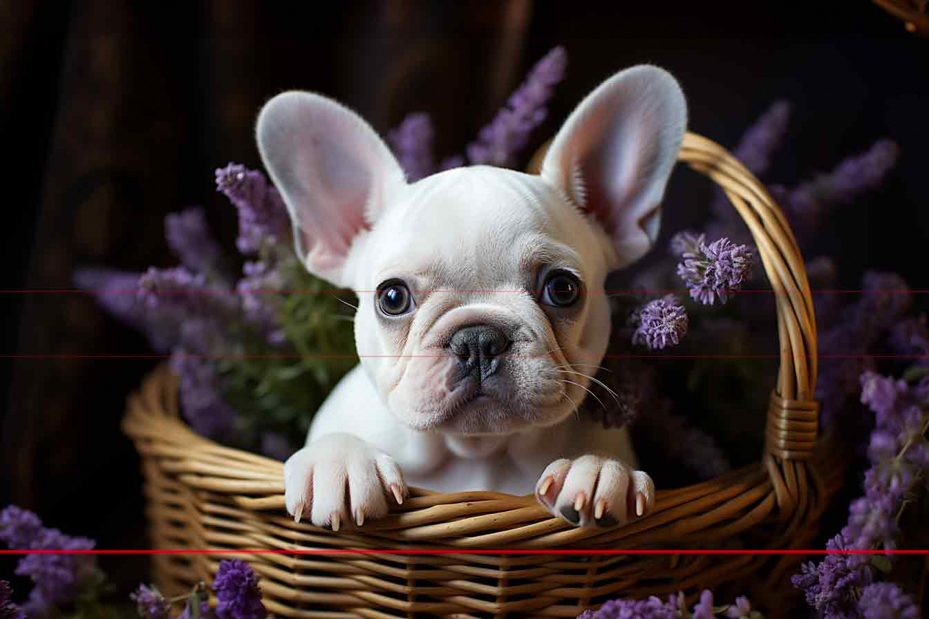 White French Bulldog Puppy in Wicker Basket with Lavender
